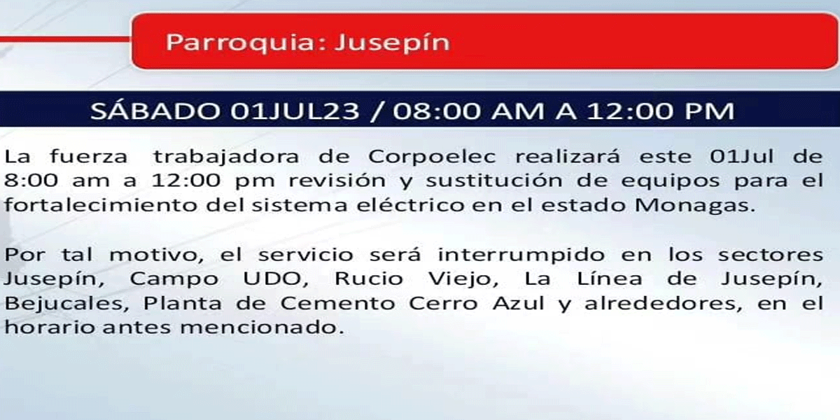 Corpoelec realizara suspensión del suministro electico este 01Julio